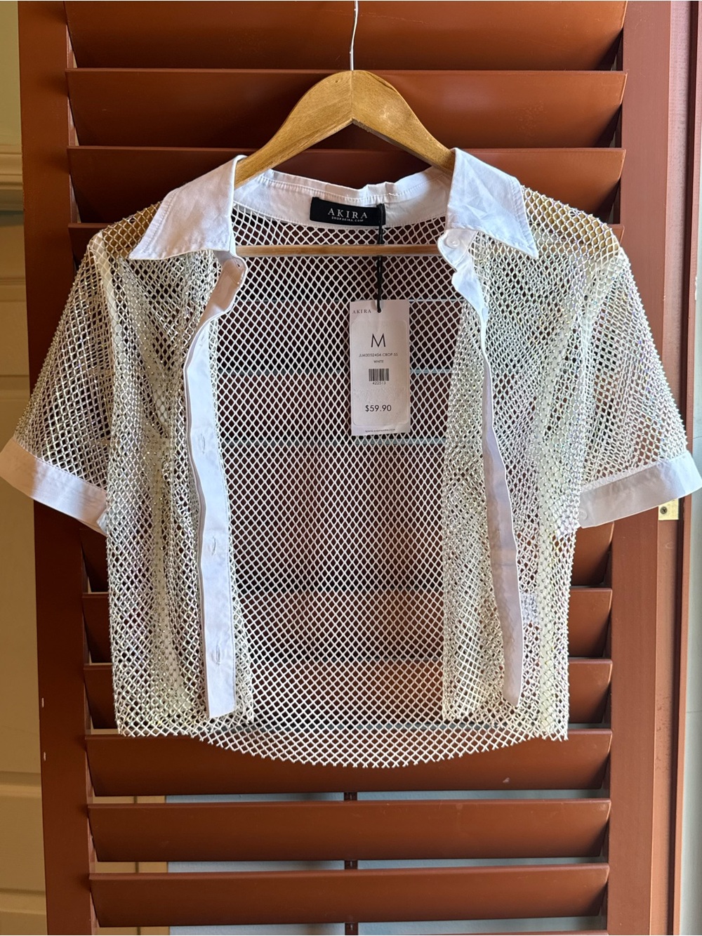 AKIRA White Open-Weave Mesh Button-Front Crop Shirt